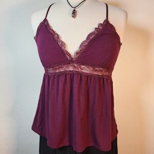 Heavenly by Victoria Burgundy Lace Trim Cami Tank Top Crisscross Straps M‎